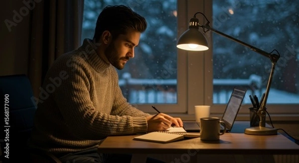 Fototapeta Man working at a desk, snowy night