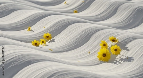 Fototapeta Yellow flowers scattered across a wavy, textured white surface, creating a serene and abstract floral landscape.