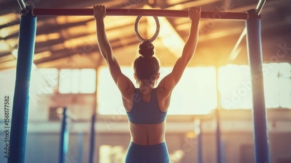 Fototapeta Focused woman in a gym engaging in a challenging pull-up exercise routine