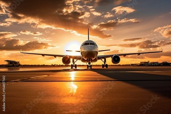 Fototapeta White modern passenger airplane standing on runway during golden hour sunset at airport