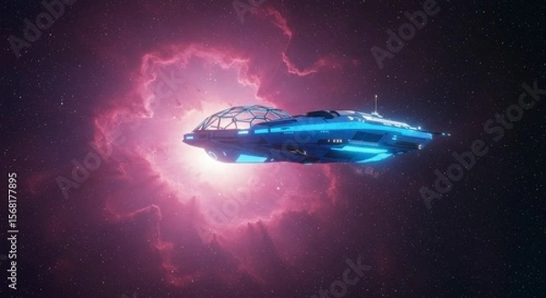 Fototapeta Futuristic spaceship in vibrant nebula