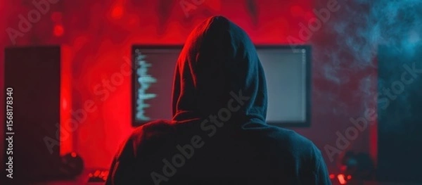 Fototapeta Anonymous coder shrouded in mystery amidst red and blue neon lights working on screen