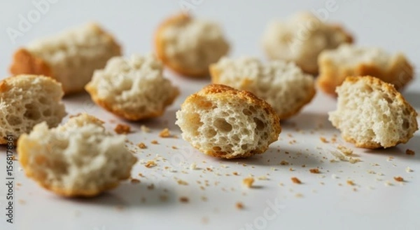 Fototapeta Close-up of several small, broken pieces of bread scattered on a white surface, showing a light, airy crumb structure