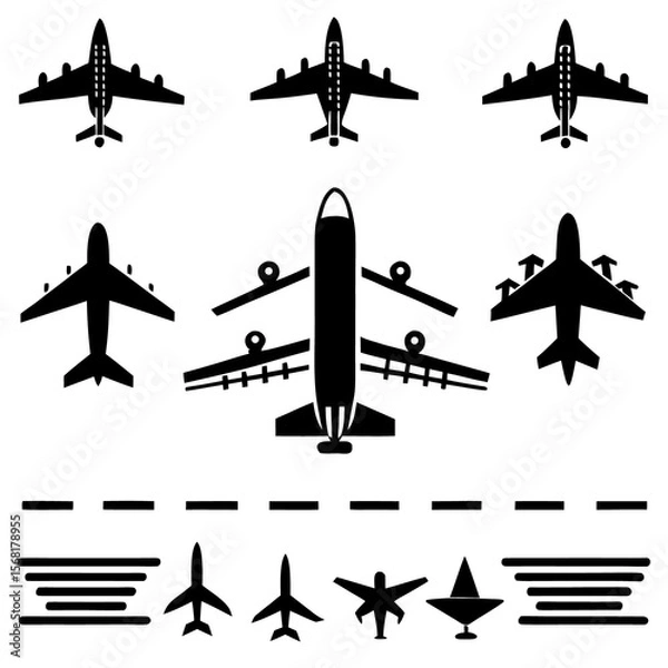 Fototapeta Airplane icon vector set with silhouettes for travel and aviation design