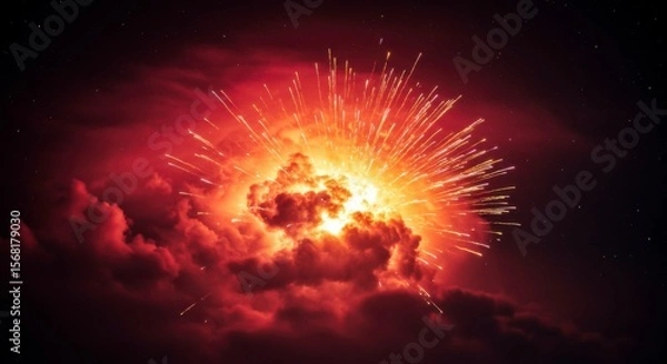 Fototapeta Fiery explosion within dark, ominous clouds, resembling a dramatic fireworks display against a starlit night sky