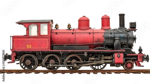 Fototapeta Tourist train engine, quaint, angled front, isolated on white, cheerful, inviting