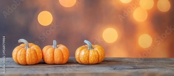 Fototapeta Rustic autumnal display featuring miniature pumpkins with soft bokeh background