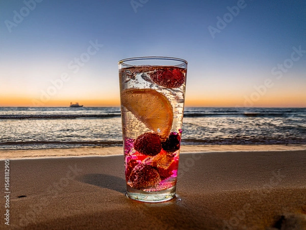 Fototapeta Italian soda drinks served in clear glasses with beach views and sunset lighting in a photo grid