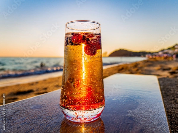 Fototapeta Italian soda drinks with strawberries and lemon slices photographed in front of ocean views