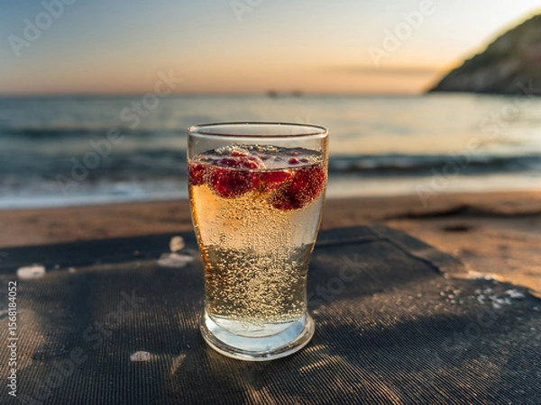 Fototapeta Italian soda drinks served in clear glasses with ocean views and fruit toppings in a photo grid