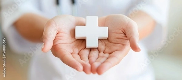 Fototapeta A doctor holding a white cross in hands, symbolizing healthcare and support