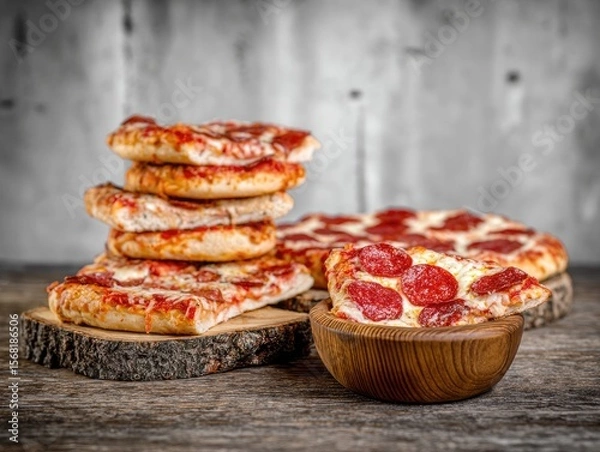 Obraz Several pepperoni pizzas on wooden slices