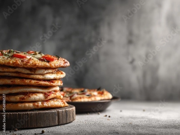 Obraz Stacked pizzas on a wooden board, against a textured background