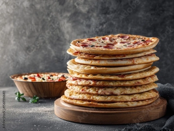 Obraz A stack of several pizzas, topped with various ingredients, sits on a wooden platter. A smaller bowl of another pizza type is visible in the background