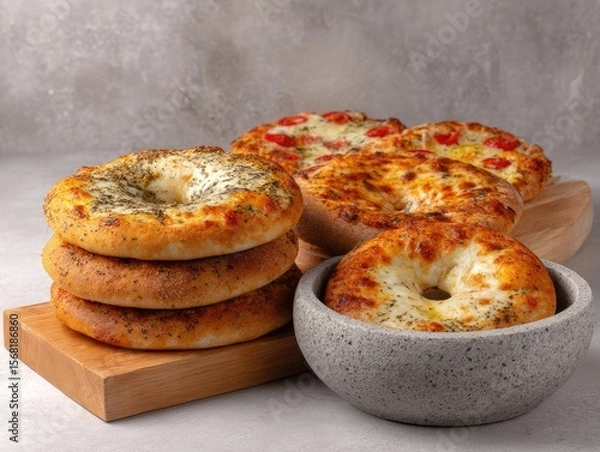 Obraz Stacks of assorted baked goods, possibly pizza bagels, sit on a light-brown wooden board, alongside a gray bowl, against a mottled gray surface