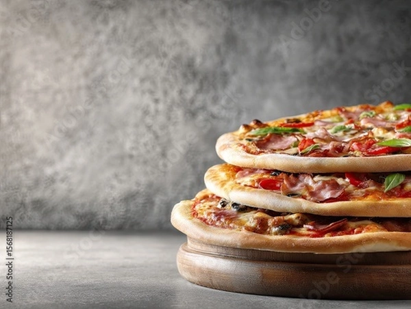 Obraz Stacked pizzas on a wooden board, against a textured background (1)