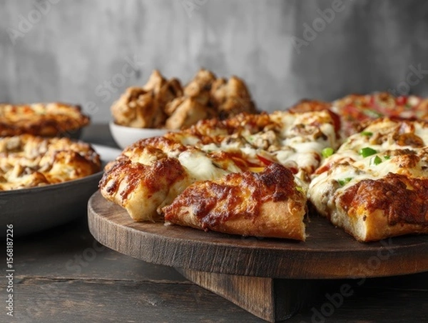 Obraz Sliced pizzas on a wooden board, alongside other pizzas and appetizers