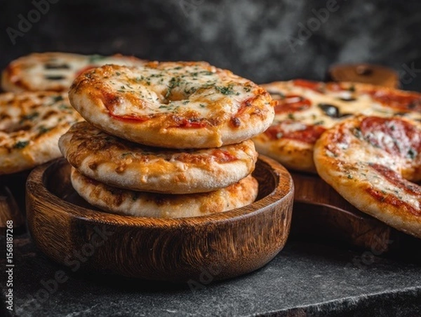 Obraz Close-up of small, stacked pizzas on wooden plates.  Various toppings visible