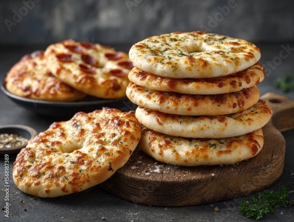 Obraz Stacked, round, cheesy pizzas on a wooden board.  Various toppings visible