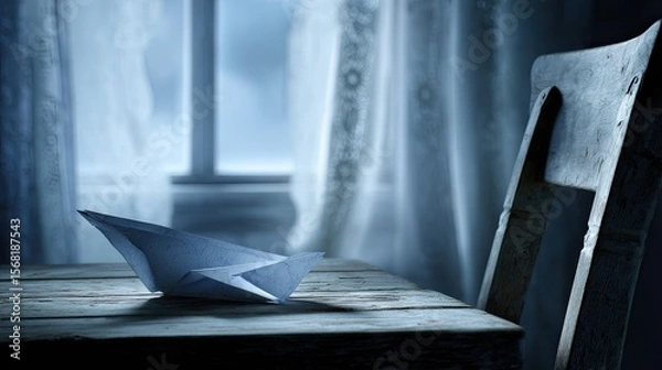 Obraz A paper boat rests on a weathered wooden table, in front of a window with a soft, diffused light, and a vintage chair