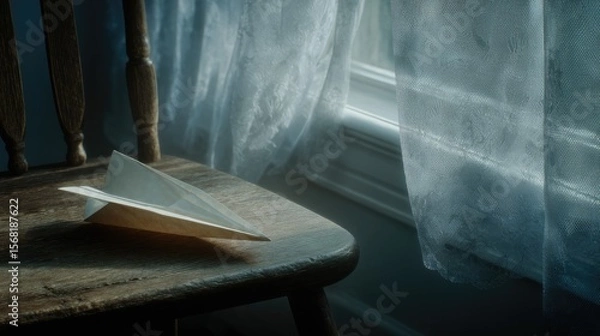 Obraz A folded paper airplane rests on a wooden chair beside a window with sheer curtains