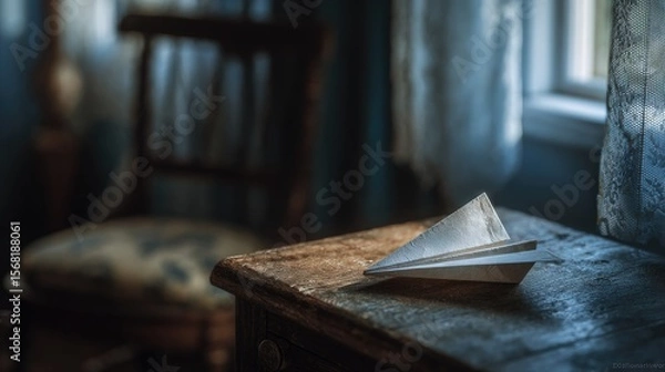 Obraz A paper airplane rests on a weathered wooden table in a dimly lit room