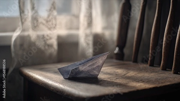 Obraz A delicate paper boat rests on a weathered wooden chair, bathed in soft sunlight filtering through a lace curtain