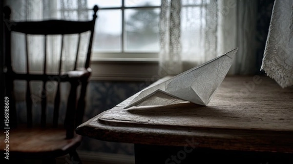 Obraz A folded paper airplane rests on a weathered wooden table in a dimly lit room with a window.  Lace curtains and an antique chair are visible