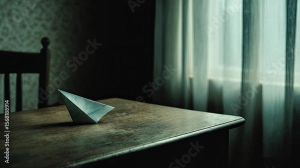 Obraz A simple paper boat sits on a wooden table in a dimly lit room, near a window with sheer curtains
