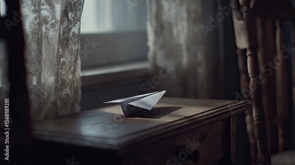 Obraz A paper airplane rests on a wooden table near a window, bathed in soft light