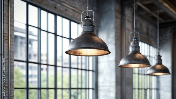 Fototapeta Three industrial-style pendant lights hang near a large window in a loft space.