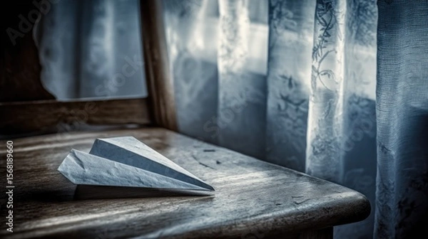 Obraz A paper airplane rests on a wooden chair, near a window with sheer curtains