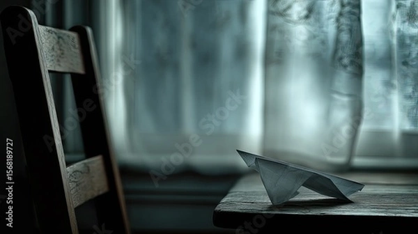 Obraz A paper airplane rests on a weathered wooden table, near a window with lace curtains