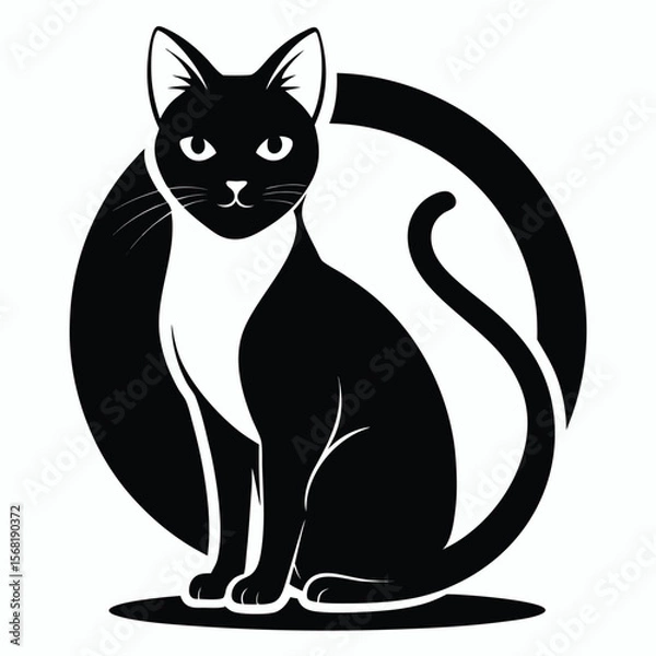 Fototapeta Elegant Cat Silhouette in Black and White Minimalist Design with Circular Background