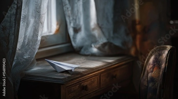 Obraz A paper airplane rests on a wooden desk by a window with sheer curtains. Soft light streams in