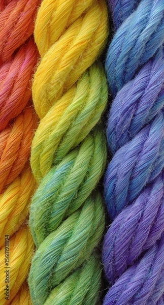 Fototapeta Close-up of colorful twisted ropes, rainbow hues