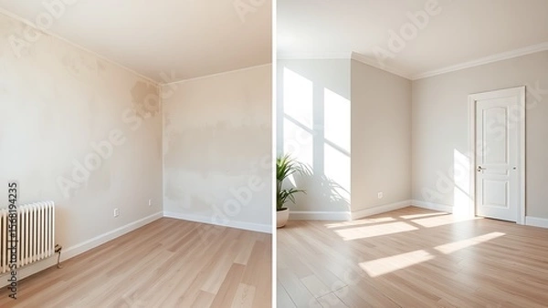 Obraz Side-by-side comparison of interior spaces, contrasting worn walls with fresh paint and new flooring.