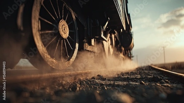 Obraz Steam train moving through countryside at sunset