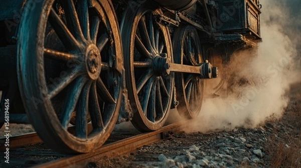 Obraz Close-up of vintage steam train wheels and tracks. Smoke billows from the engine
