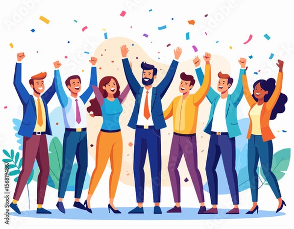Fototapeta Diverse Team Celebrating Success with Confetti in a Cheerful Office Environment Flat Illustration Graphic Vector Design
