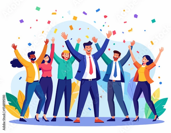 Fototapeta Diverse Team of Business Professionals Cheering with Confetti in Blue and Yellow Tones for Successful Project Completion in Vector Illustration