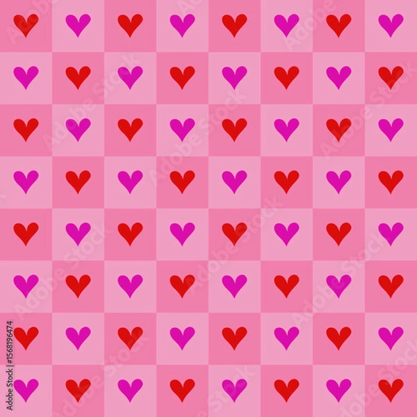 Fototapeta Colorful seamless checkered pattern background with hearts.