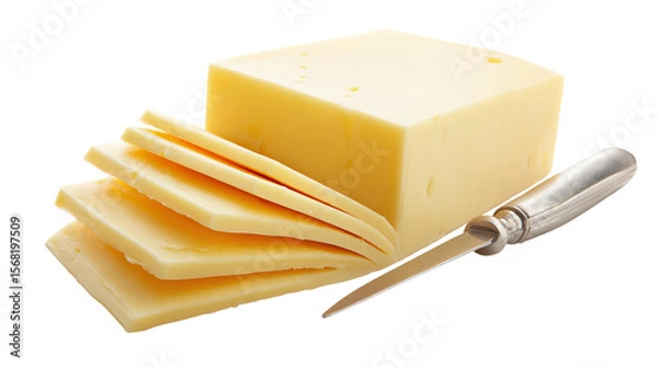 Obraz Solid cream-colored cheddar cheese block with smooth slice on transparent background