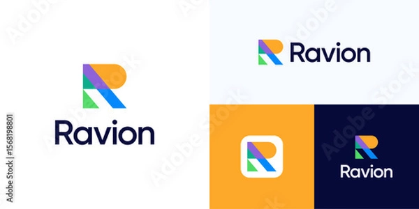 Fototapeta Letter R abstract geometric multicolor logo icon design vector illustration, Unique symbol initial alphabet sign with overlapping colorful minimalist style for technology and brand identity