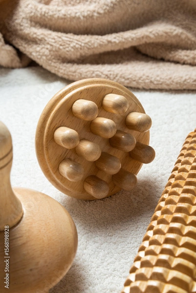 Fototapeta Anti-Cellulite Maderotherapy Instruments on White Table