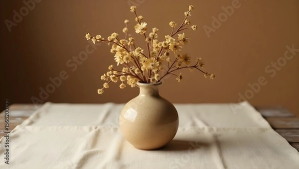 Obraz Flat lay of a rustic ceramic mini vase with dried flowers on soft fabric background. Earthy tones and warm natural light.