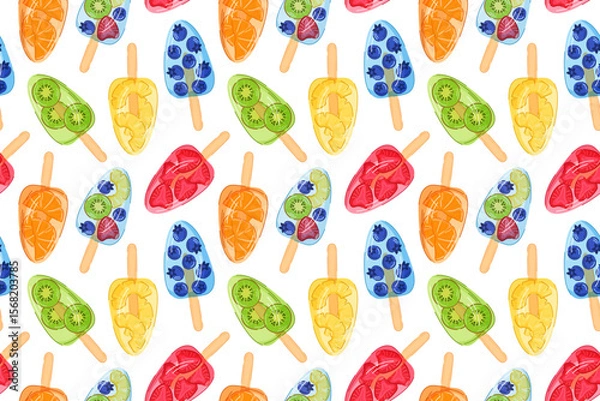 Fototapeta Colorful seamless pattern of fruit popsicle with strawberry, kiwi, blueberry, orange and pineapple isolated on white background. Cartoon design for summer dessert menu or package.