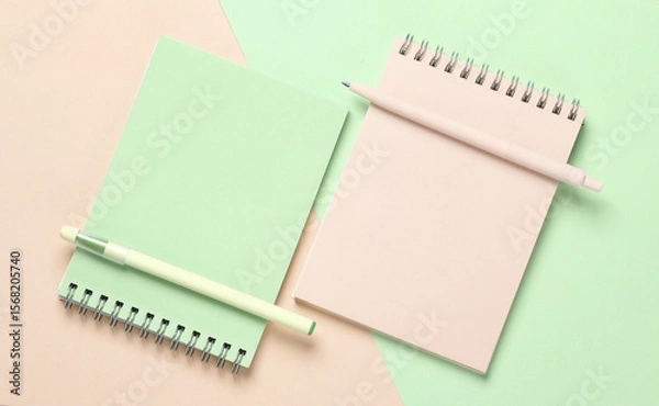 Fototapeta Two notebooks with a pens on pastel background. Minimalism. Creative layout