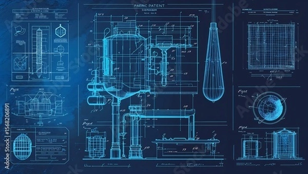 Fototapeta Glossy patent blueprint texture, technical vector background, cyanotype.