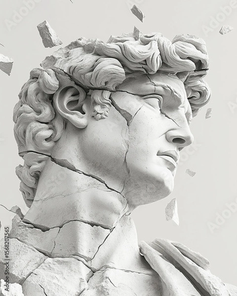 Fototapeta striking sculpture of male figure with cracked features, surrounded by fragments. artwork conveys sense of strength and resilience amidst destruction